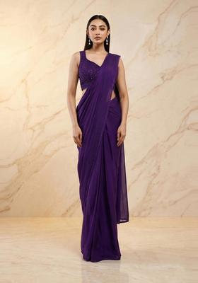 Deep Purple Handwork Pre Draped Saree Set