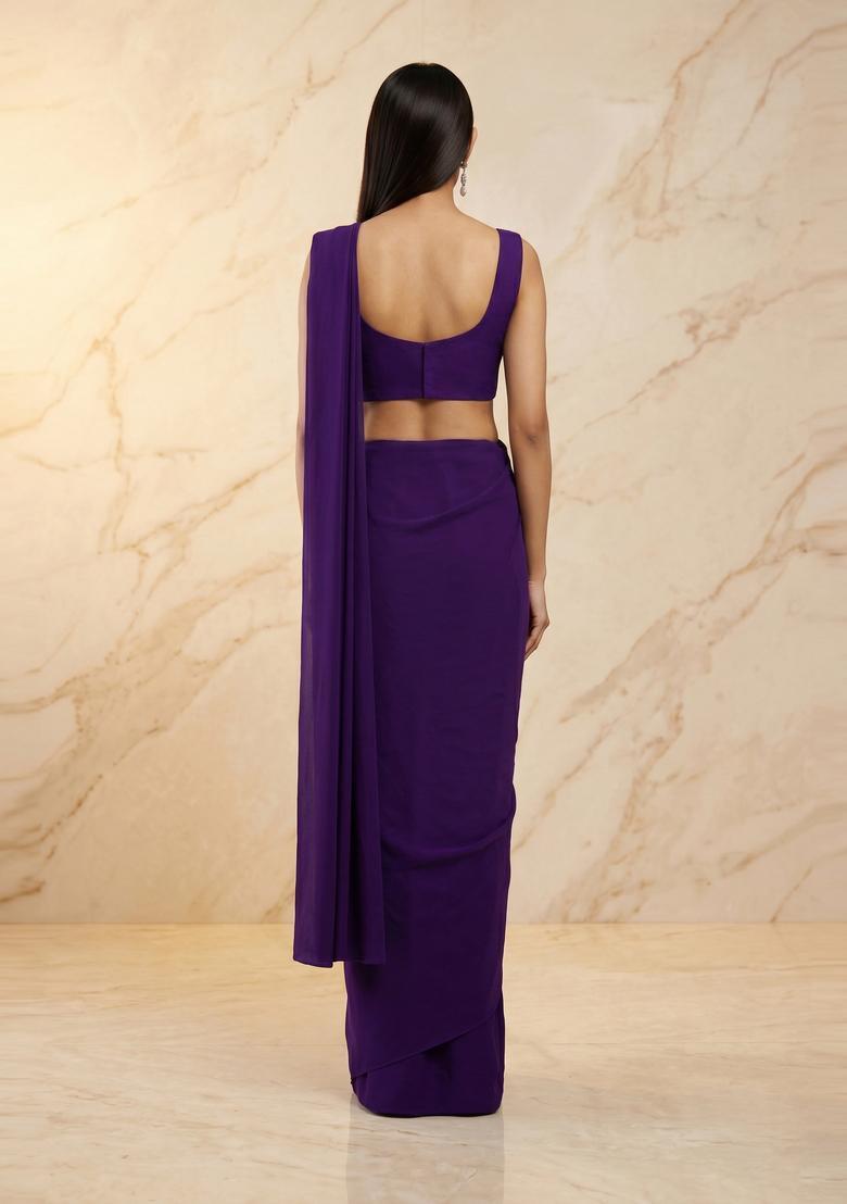Deep Purple Handwork Pre Draped Saree Set - Indya