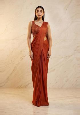 Rust Orange Handwork Pre Draped Saree Set