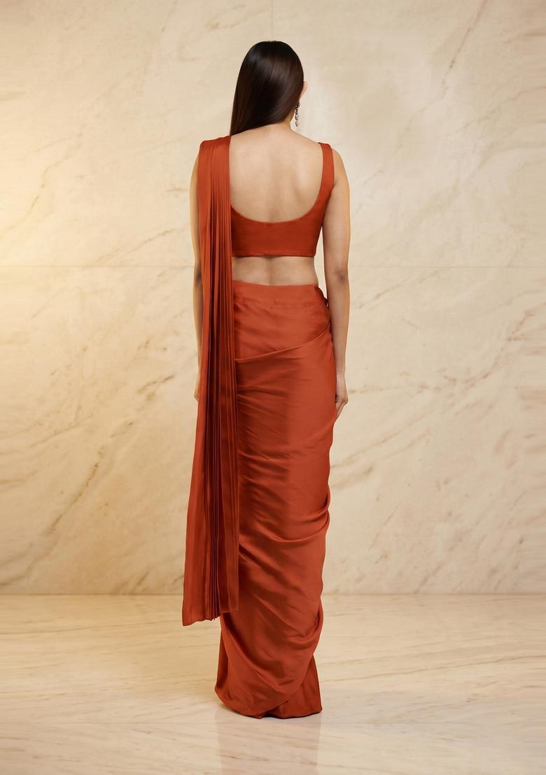 Rust Orange Handwork Pre Draped Saree Set - Indya