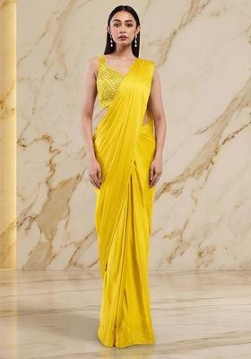 Bright Yellow Handwork Pre Draped Saree Set