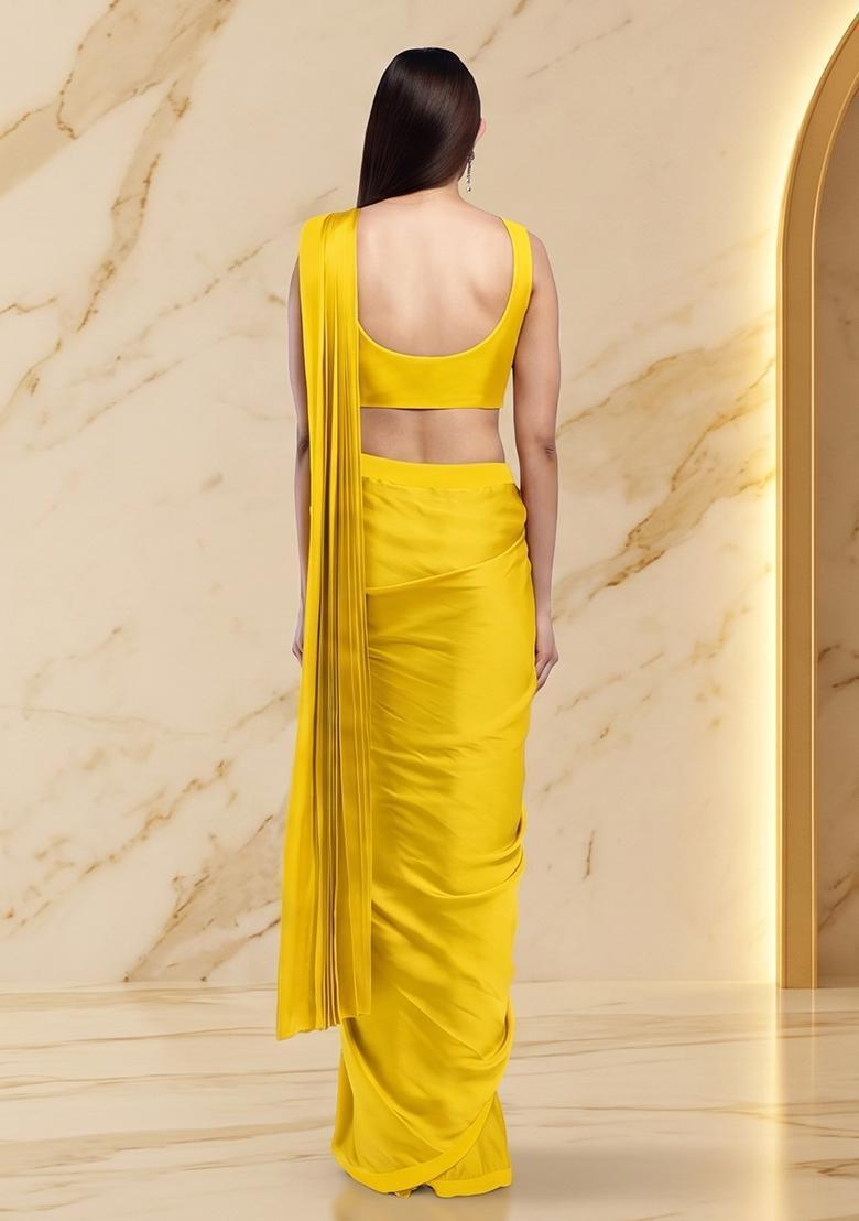 Bright Yellow Handwork Pre Draped Saree Set - Indya