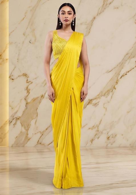 Bright Yellow Handwork Pre Draped Saree Set