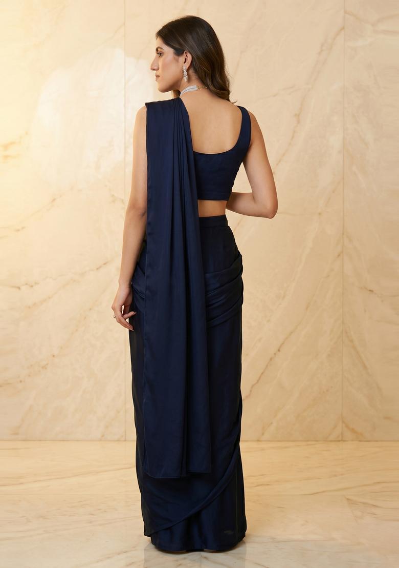 Navy Blue Handwork Pre Draped Saree Set - Indya