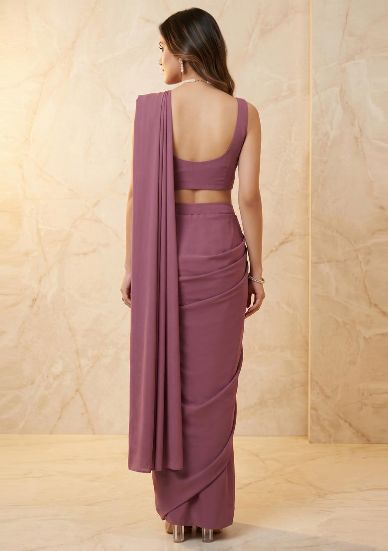 Mauve Handwork Pre Draped Saree Set - Indya