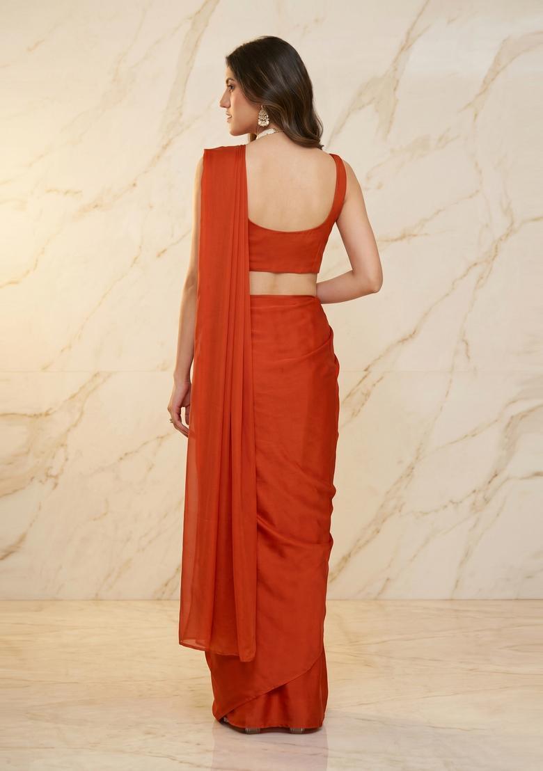 Rust Orange Handwork Pre Draped Saree Set - Indya