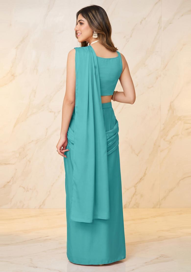 Turquoise Handwork Pre Draped Saree Set - Indya