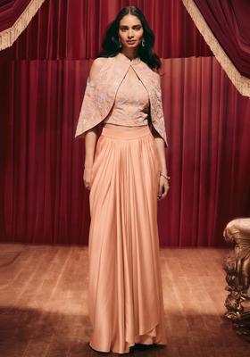 Peach Embroidered Silk Blend Fusion Set