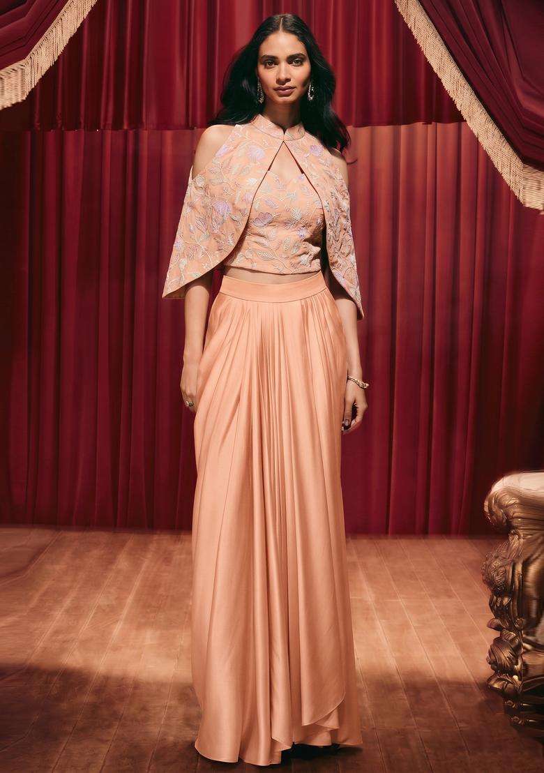 Peach Embroidered Silk Blend Fusion Set - Indya