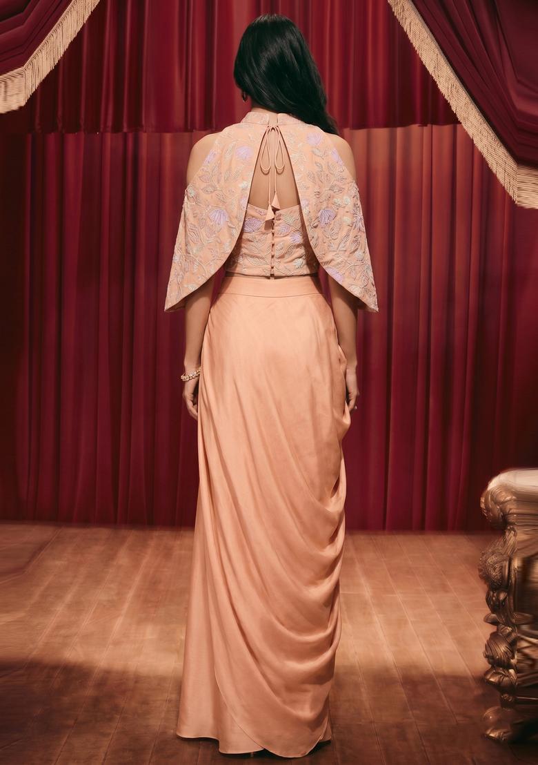 Peach Embroidered Silk Blend Fusion Set - Indya