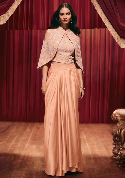 Peach Embroidered Silk Blend Fusion Set
