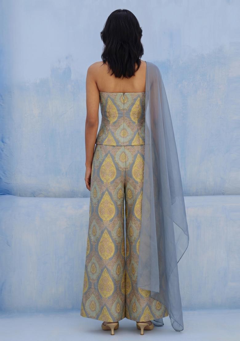 Powder Blue Printed Fusion Set - Indya