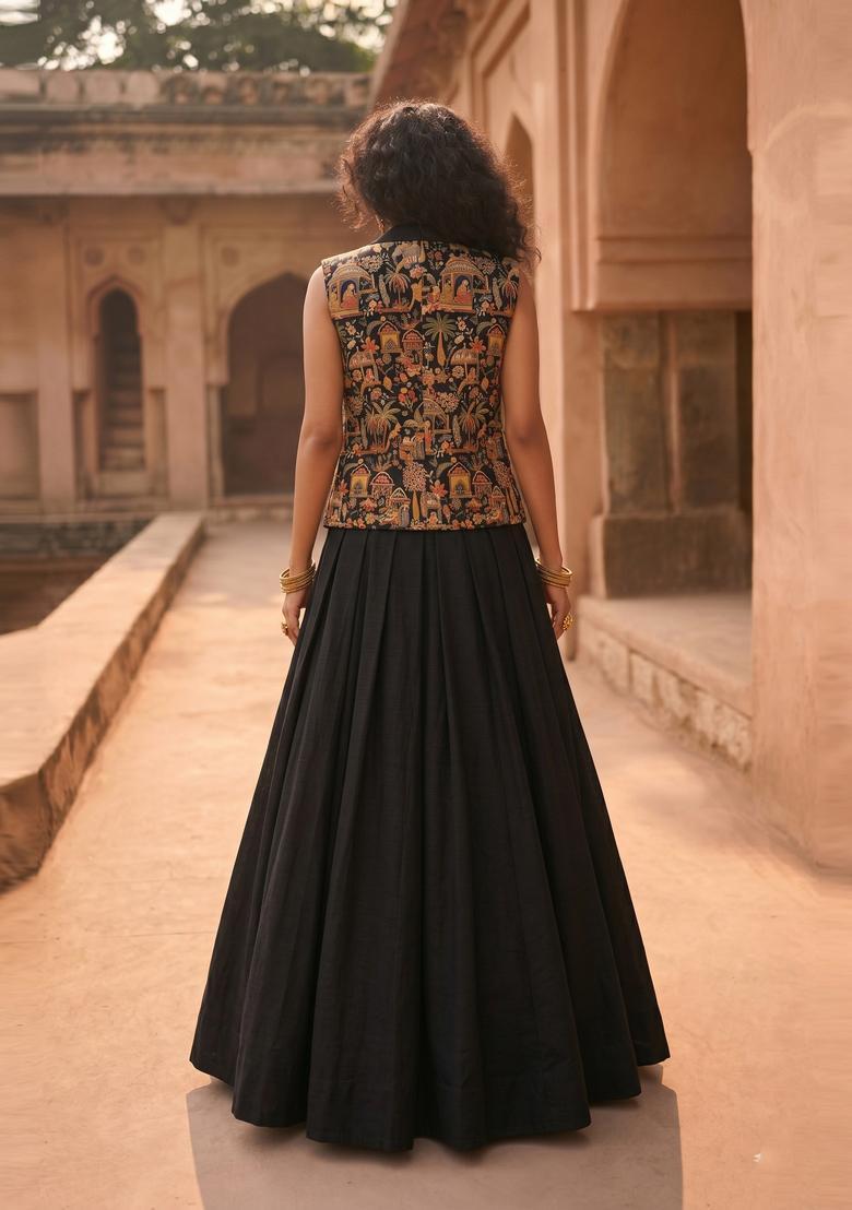 Black Embroidered Tissue Fusion Set - Indya