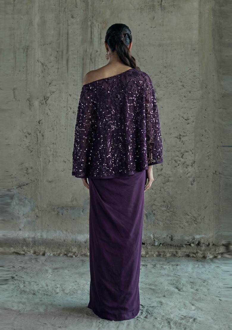 Deep Purple Sequin Net Fusion Set - Indya