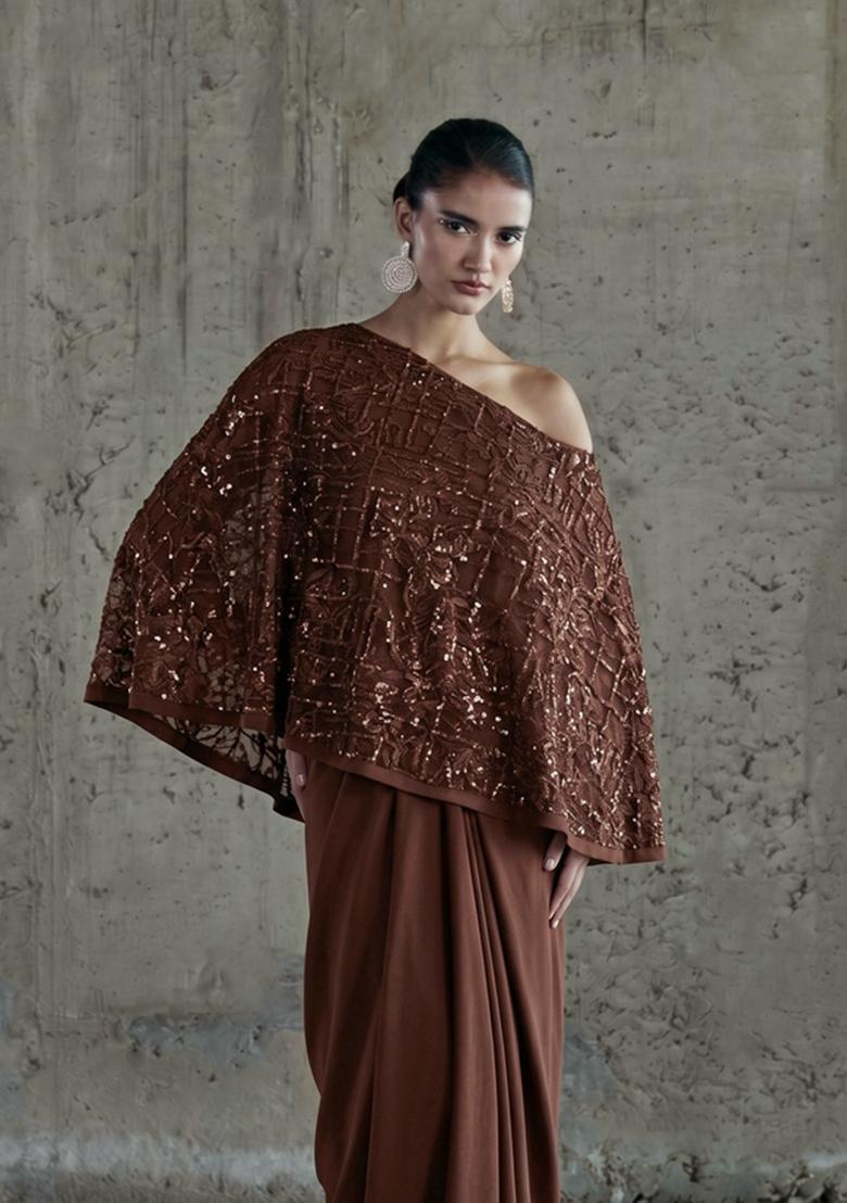 Brown Sequin Net Fusion Set - Indya