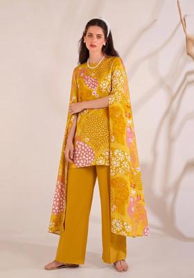 Mustard Yellow Printed Satin Kurta Set