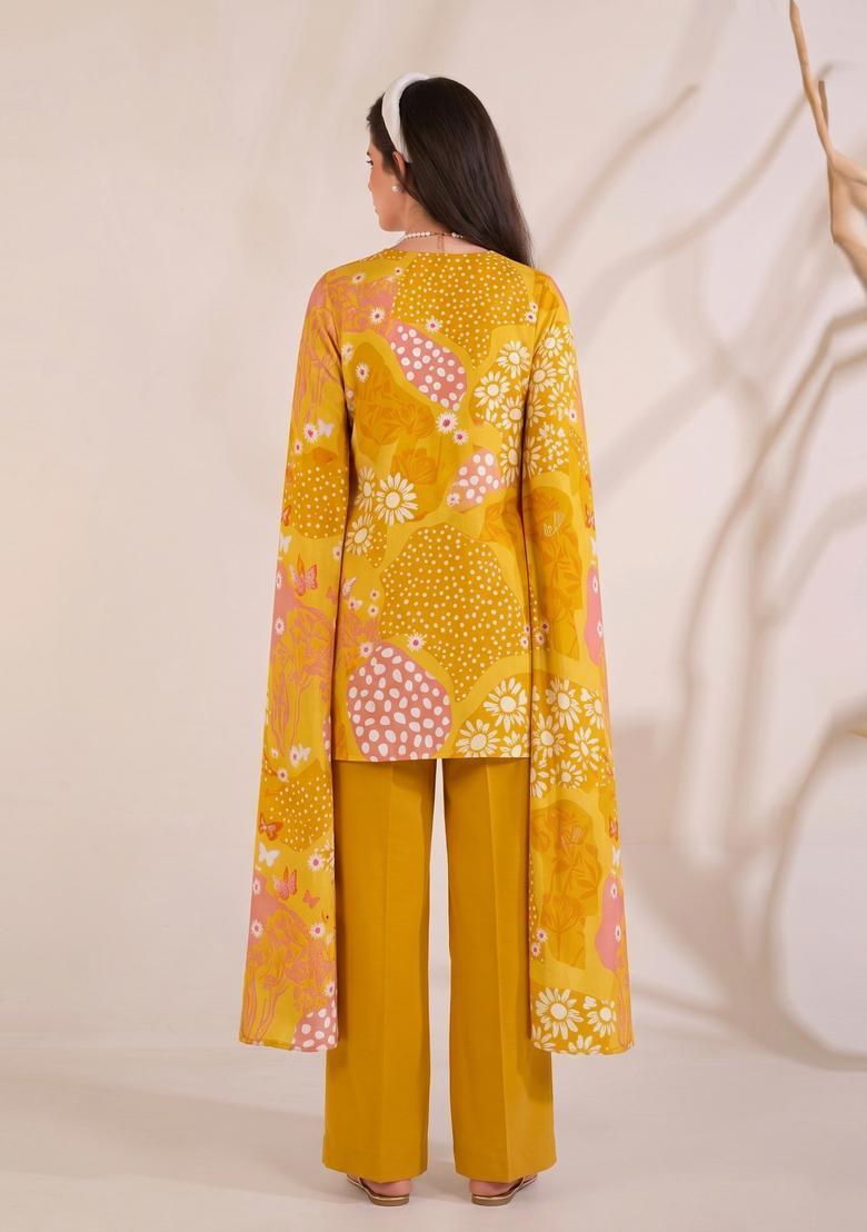Mustard Yellow Printed Satin Kurta Set - Indya