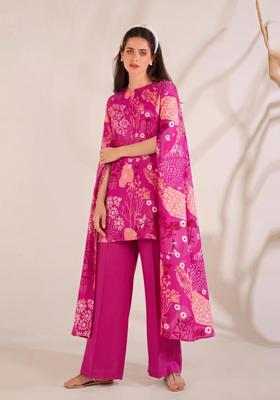 Pink Printed Satin Kurta Set