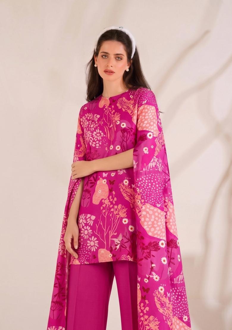 Pink Printed Satin Kurta Set - Indya