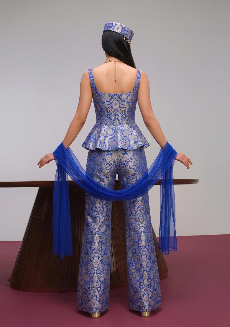 Royal Blue Brocade Fusion Set - Indya