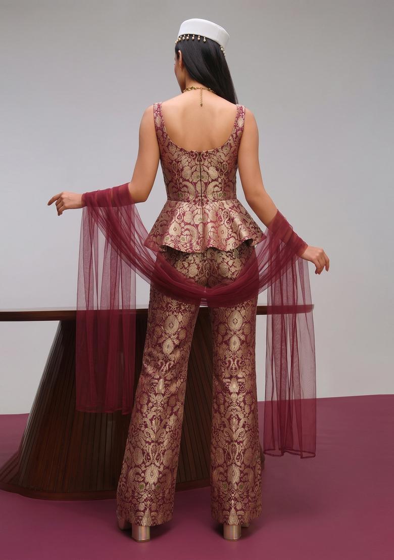 Maroon Brocade Fusion Set - Indya