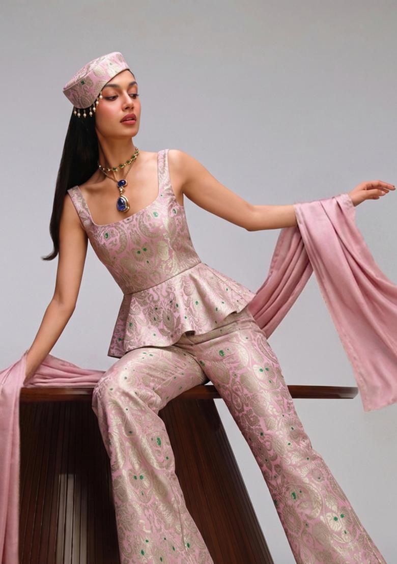 Pastel Pink Brocade Fusion Set - Indya