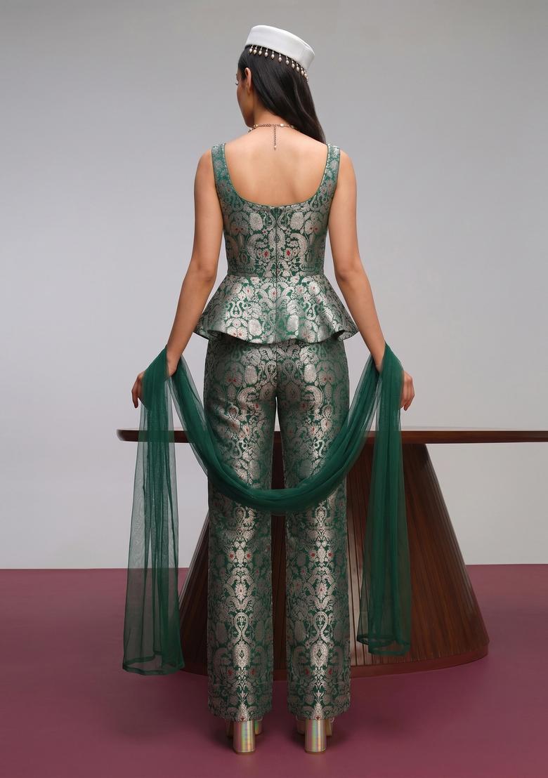 Emerald Green Brocade Fusion Set - Indya