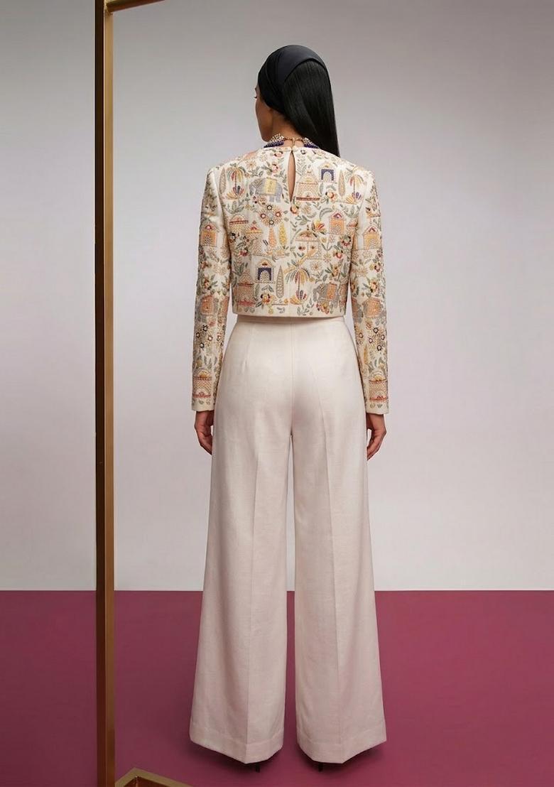 Off-White Embroidered Tissue Fusion Set - Indya