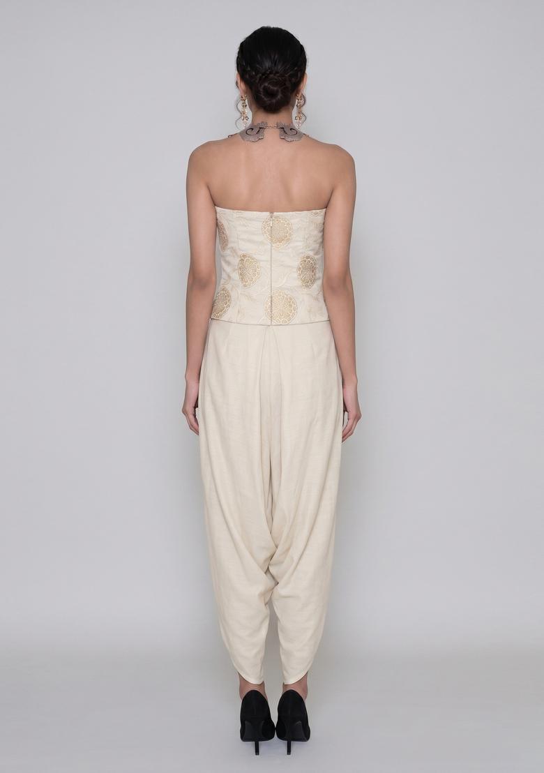 Off-White Embroidered Chanderi Fusion Set - Indya