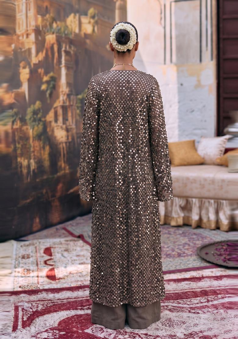 Taupe Embroidered Fusion Set - Indya