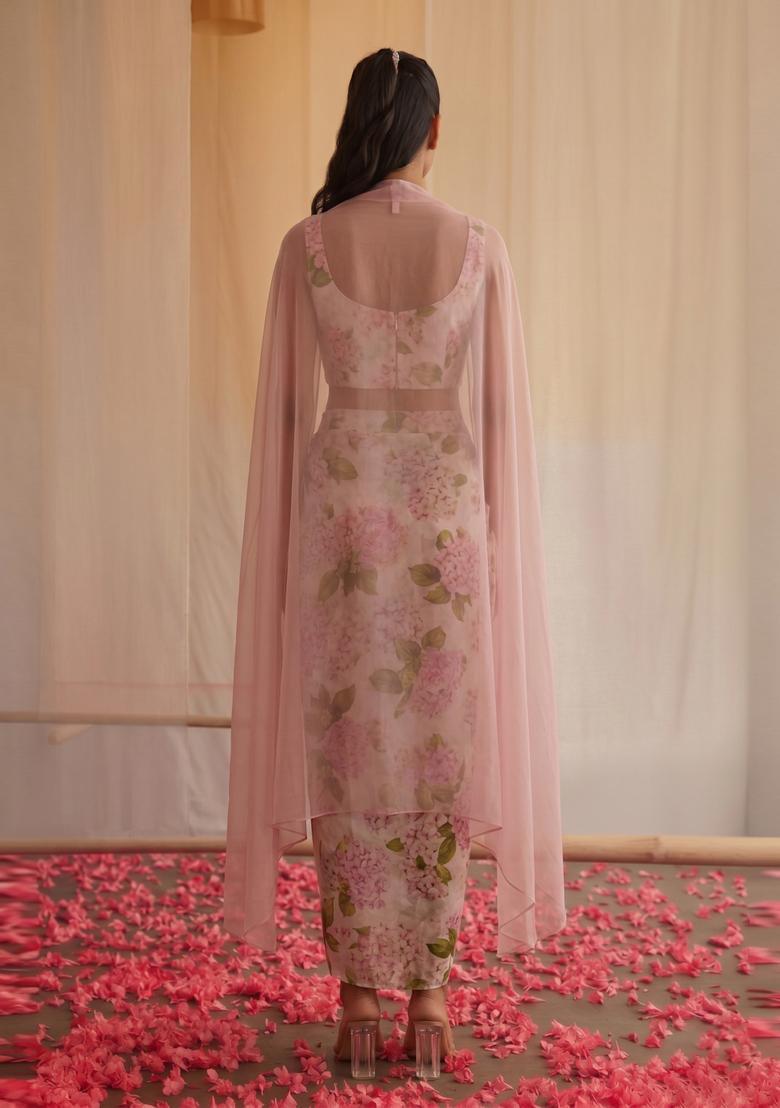 Pastel Pink Printed Silk Blend Fusion Set - Indya