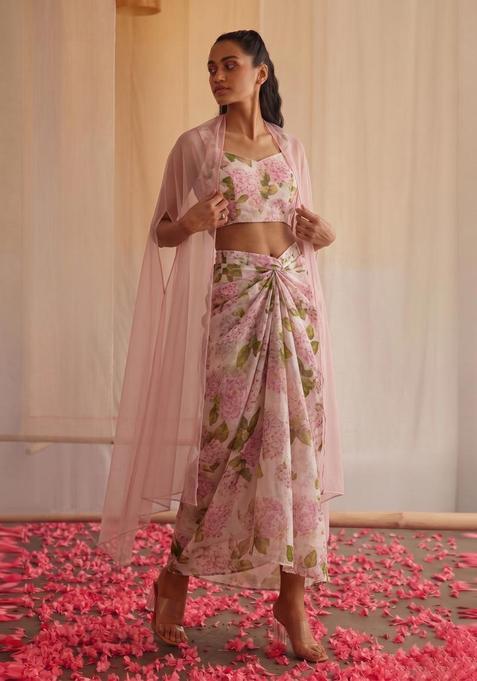 Pastel Pink Printed Silk Blend Fusion Set