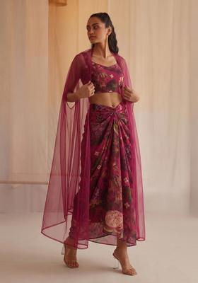 Rani Pink Printed Silk Blend Fusion Set