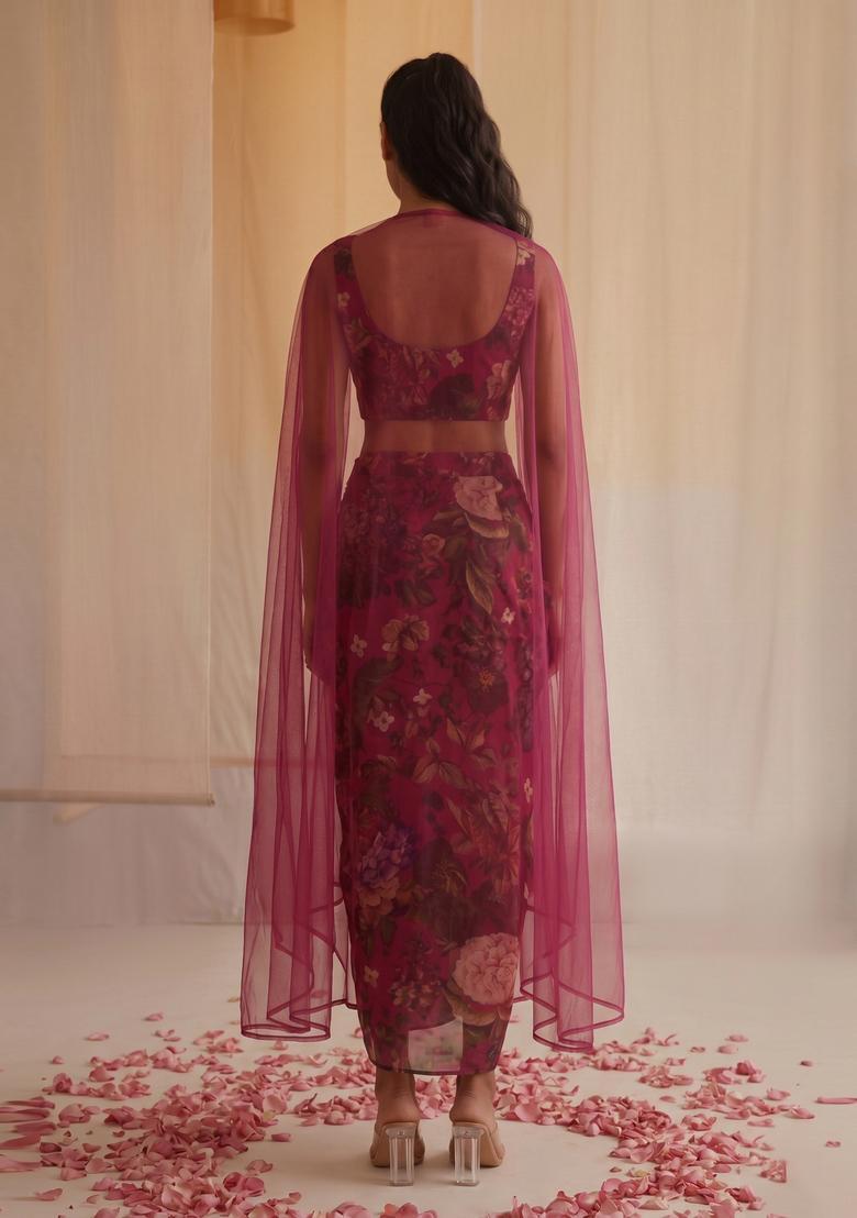 Rani Pink Printed Silk Blend Fusion Set - Indya