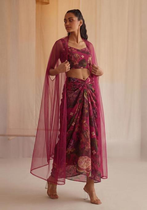 Rani Pink Printed Silk Fusion Set