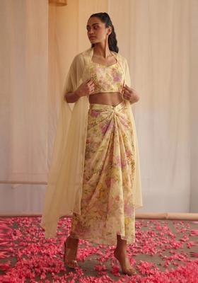 Pastel Yellow Printed Silk Blend Fusion Set