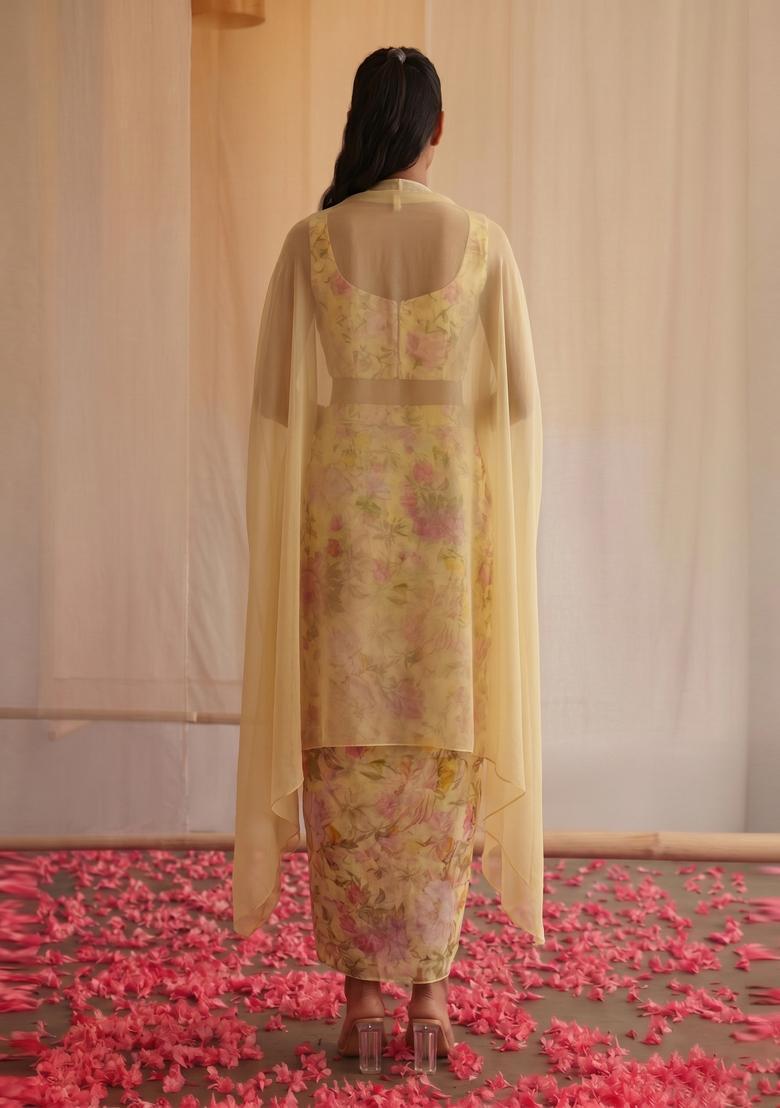Pastel Yellow Printed Silk Blend Fusion Set - Indya