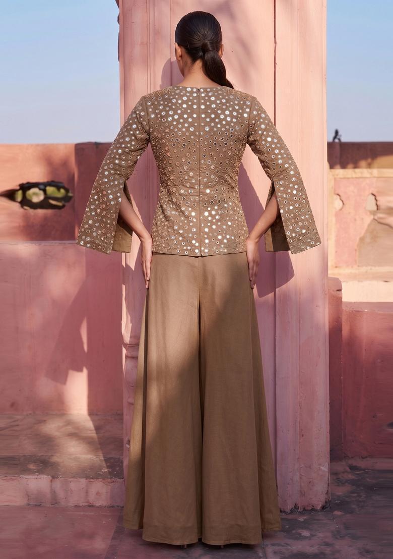 Brown Mirror Work Silk Blend Sharara Set - Indya