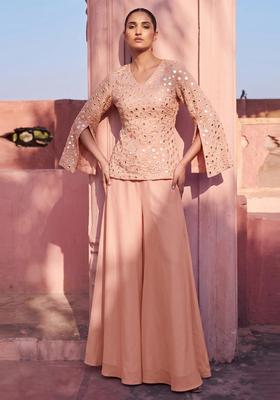 Pastel Peach Mirror Work Silk Blend Sharara Set