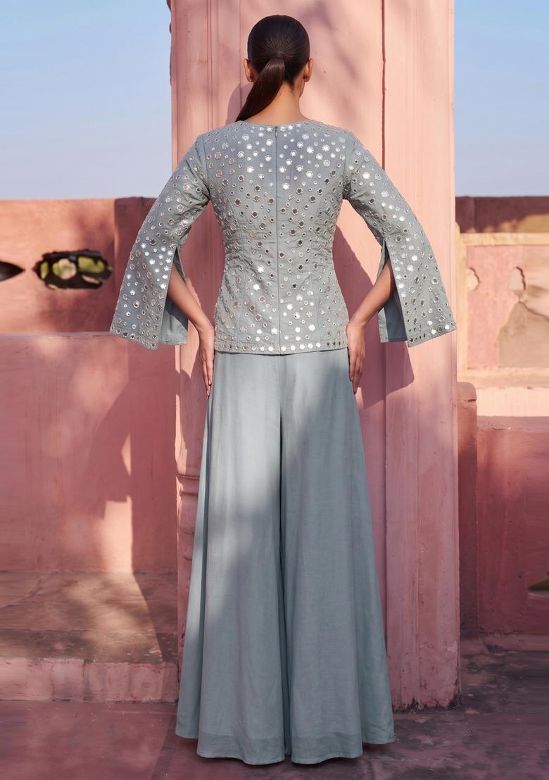 Sage Grey Mirror Work Silk Blend Sharara Set - Indya