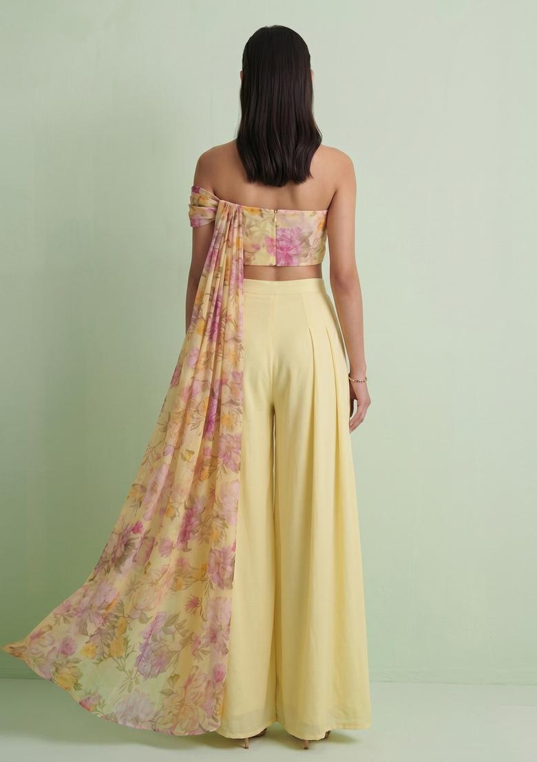 Pastel Yellow Printed Silk Blend Fusion Set - Indya