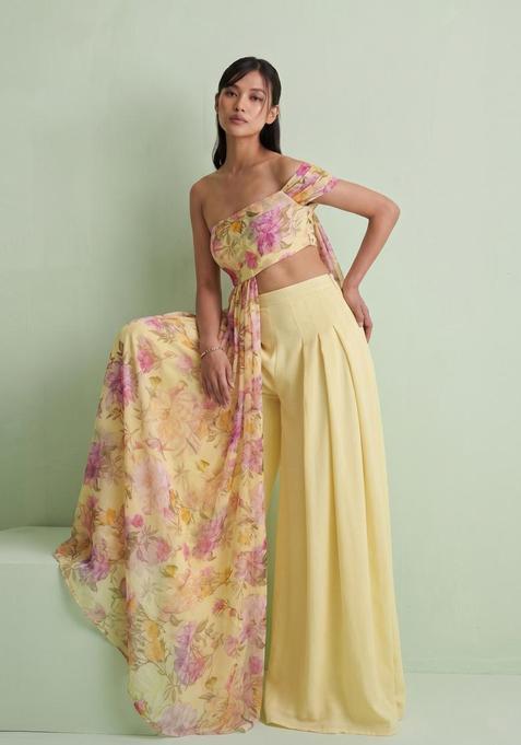 Pastel Yellow Printed Silk Blend Fusion Set
