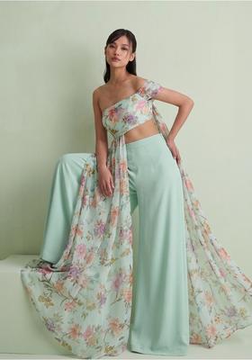 Mint Green Printed Silk Blend Fusion Set
