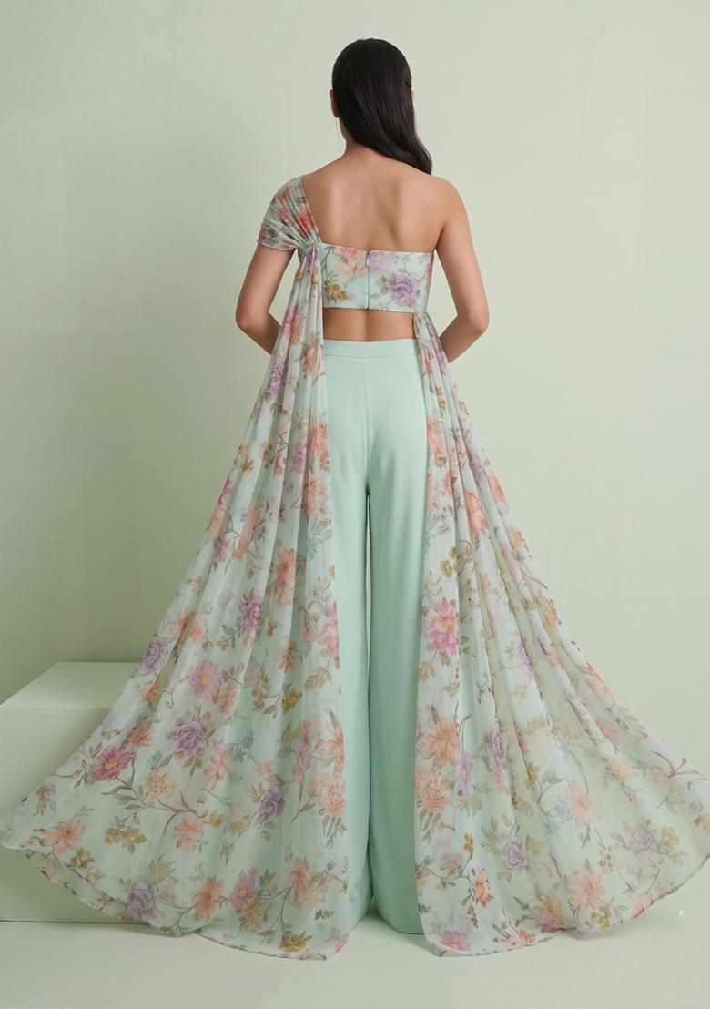 Mint Green Printed Silk Blend Fusion Set - Indya