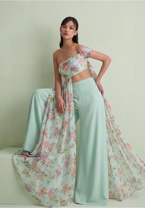 Mint Green Printed Silk Fusion Set