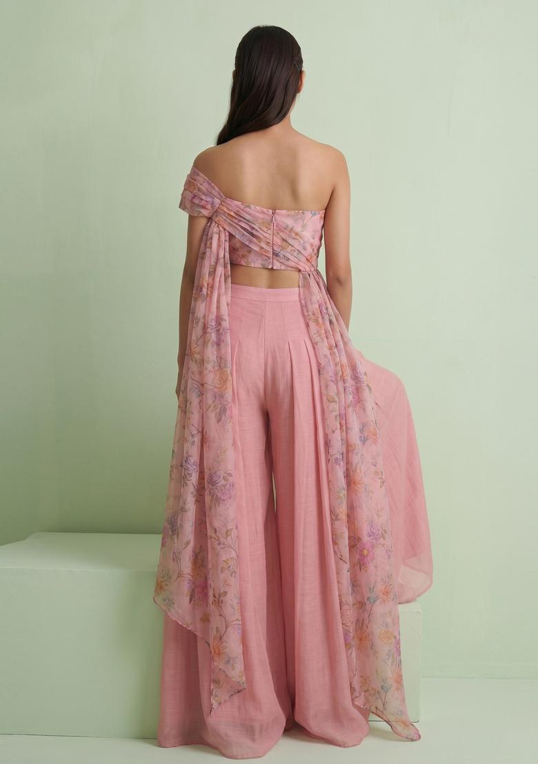 Pastel Pink Printed Silk Blend Fusion Set - Indya
