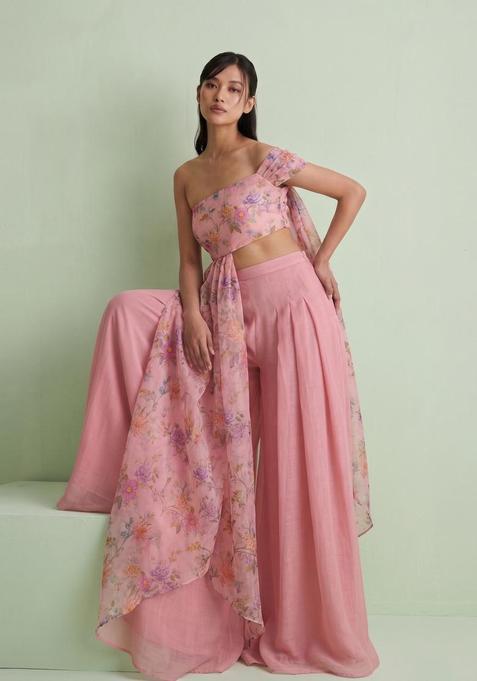 Pastel Pink Printed Silk Blend Fusion Set
