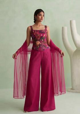 Magenta Printed Silk Blend Fusion Set