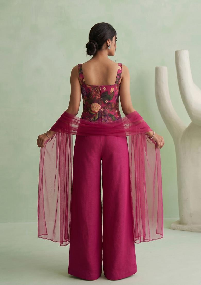 Magenta Printed Silk Blend Fusion Set - Indya