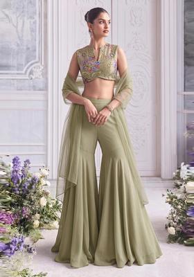 Olive Green Embroidered Organza Fusion Set